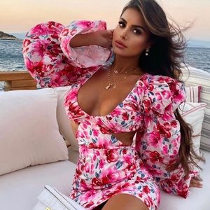 Club L London Floral Cut-out Dress Ruffle Sleeves